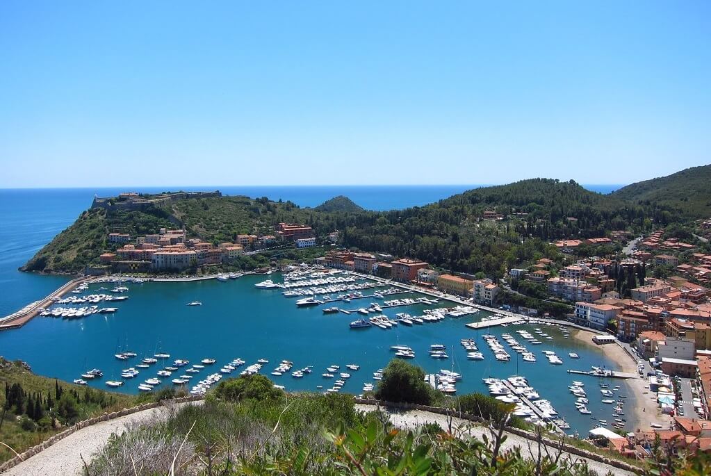 The panoramic view of the boats moored in Porto Ercole