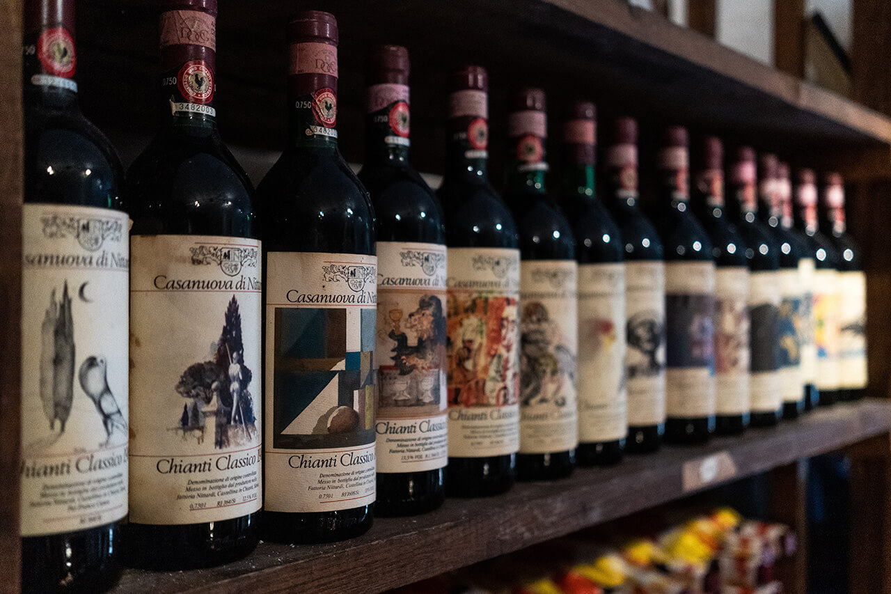 Different bottles of famous wine in Chianti.