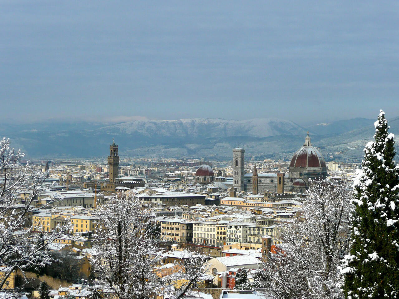An overview of Florence in winter after a snowfall