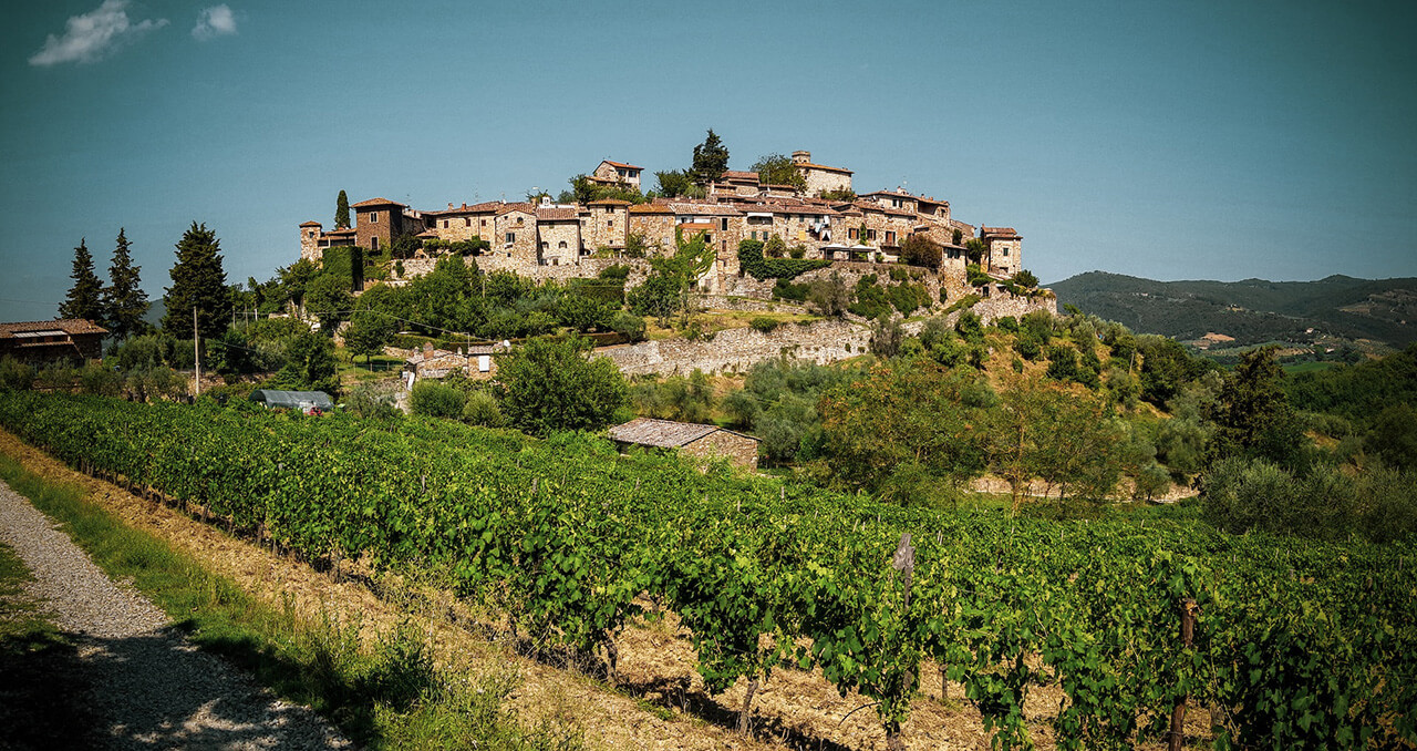 The village of Montefioralle, sorrounded by vineyards