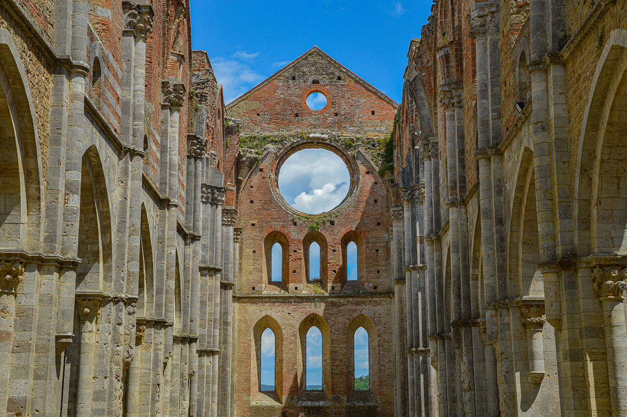 The interior of the San Galgano Abbey, in Tuscany