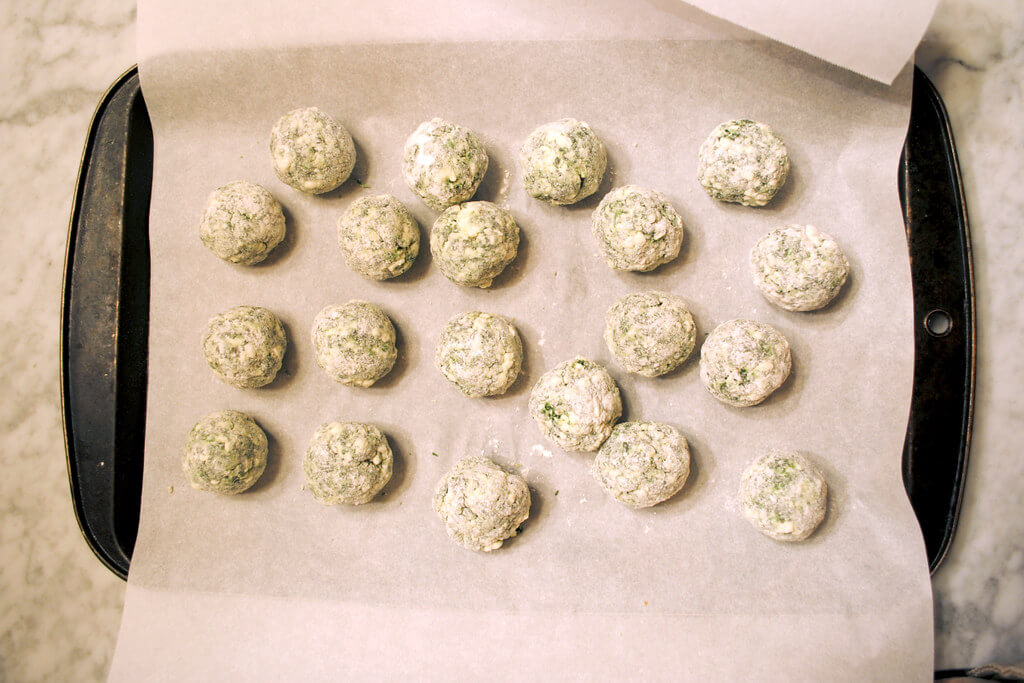 A tray of Gnudi, a type of pasta from Tuscany