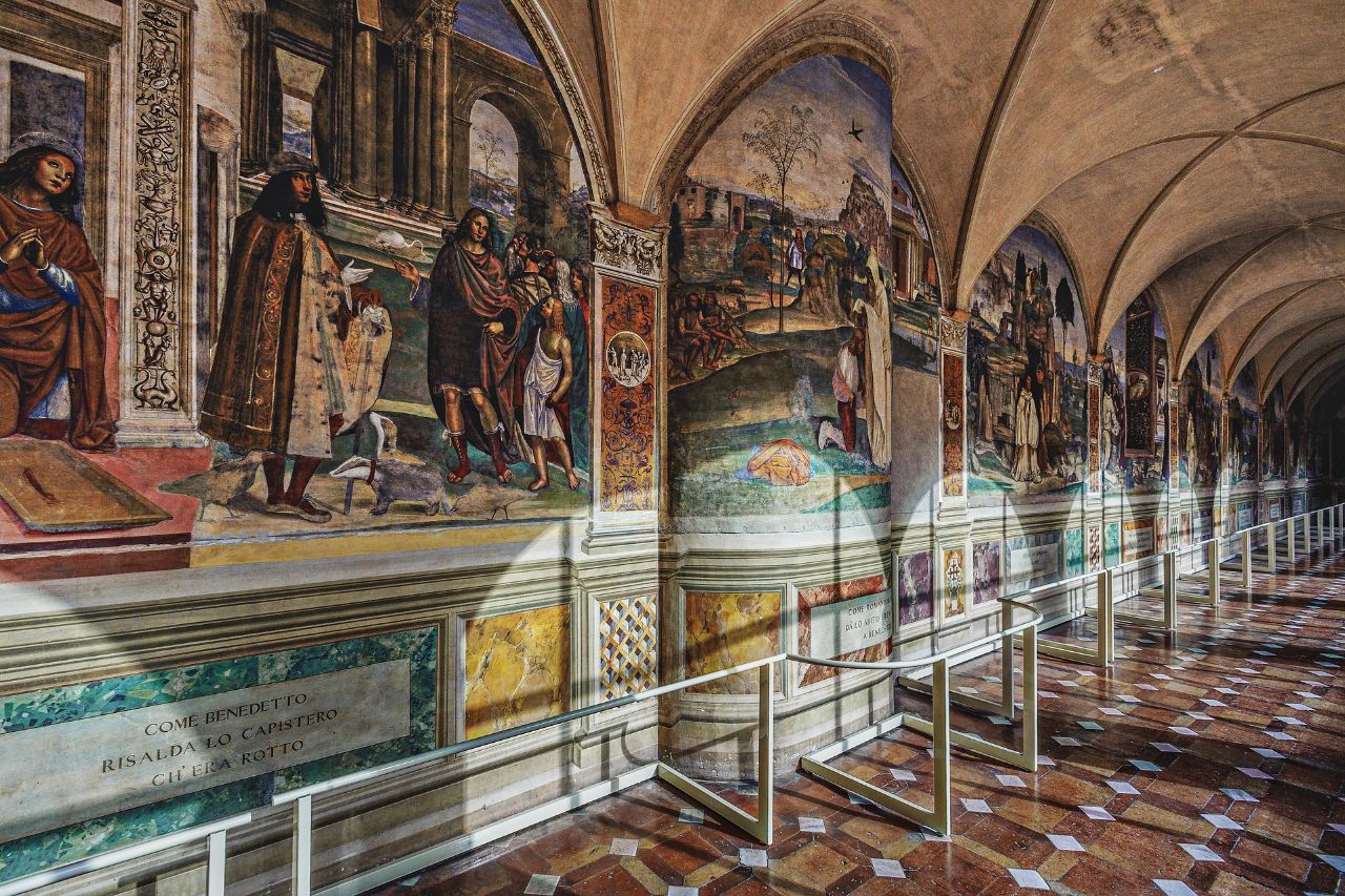The ancient frescoes drawn inside the Abbey of Monte Oliveto Maggiore