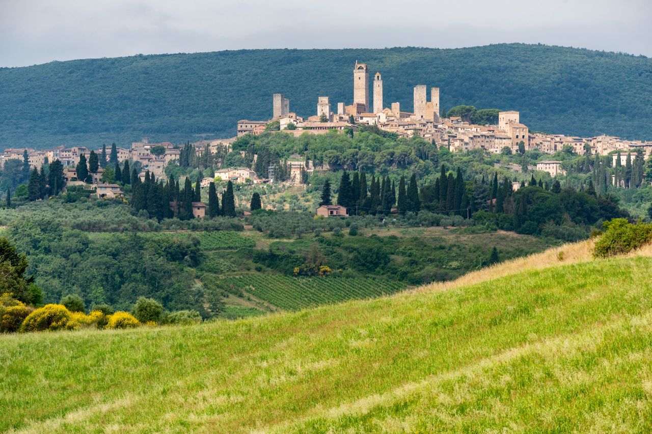 The Towers of San Gimignano seen from the countryside around the town - a typical Tuscany view