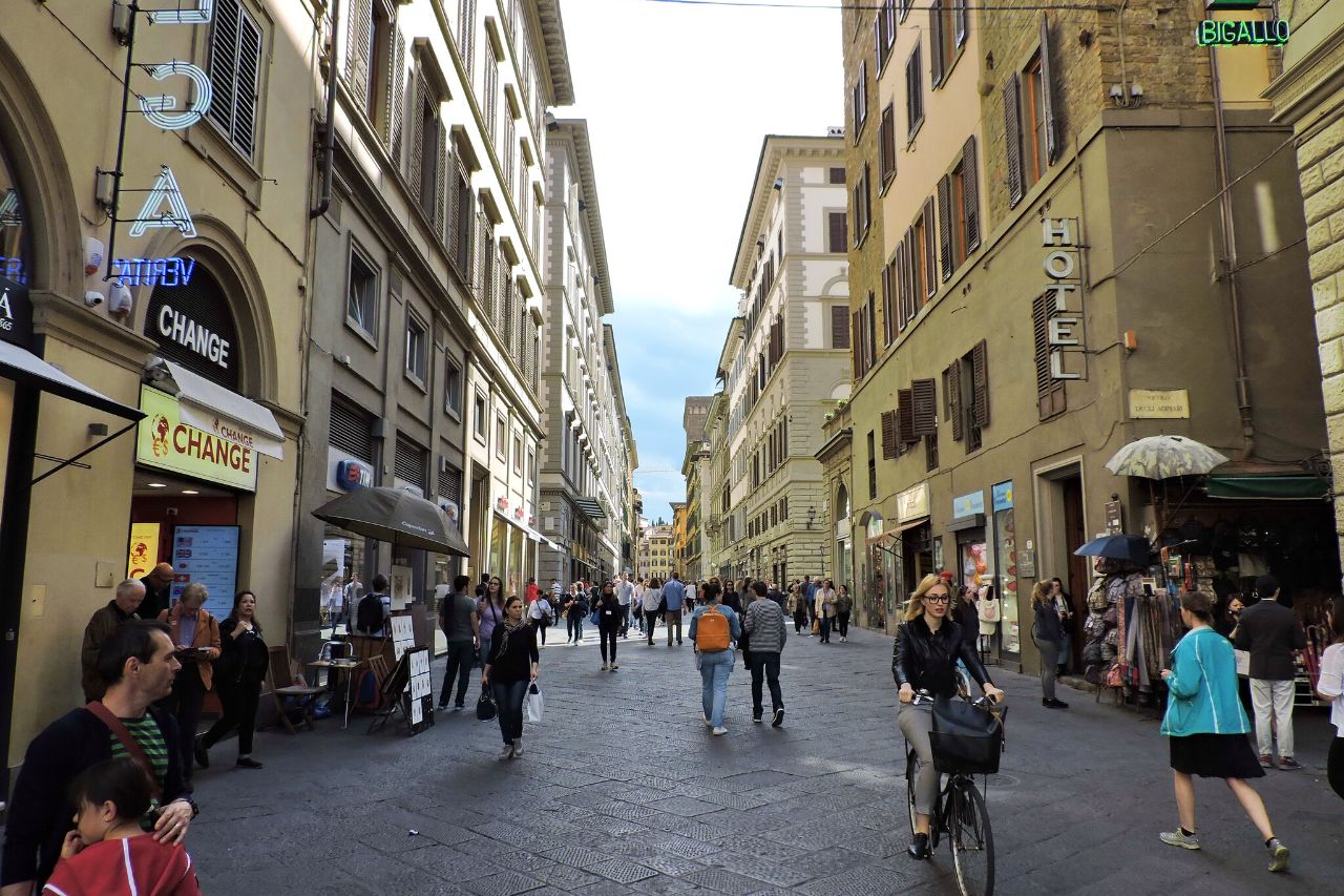 Via dei Calzaiuoli, Florence is a historic street with many shops.