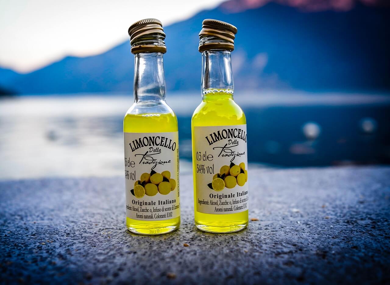 Two bottles of Limoncello, the typical drink of the Amalfi coast.