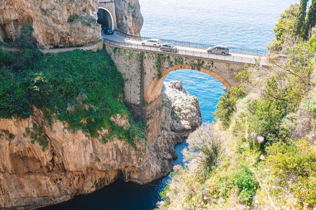 A bridge that crosses a sheer cliff in Furore, on the Amalfi coast