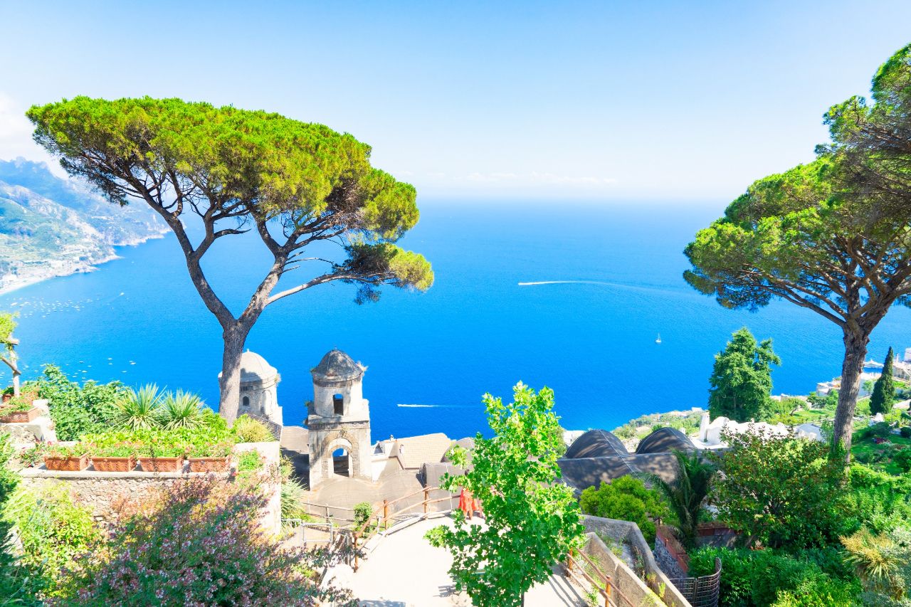 A view of the blue sea and boats from Ravello