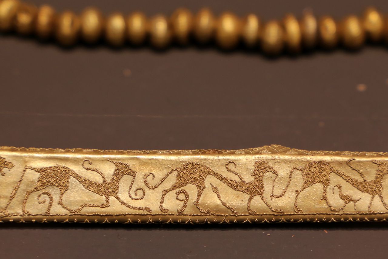 The Etruscan gold with animal pattern design, found in the necropolis of Vetulonia