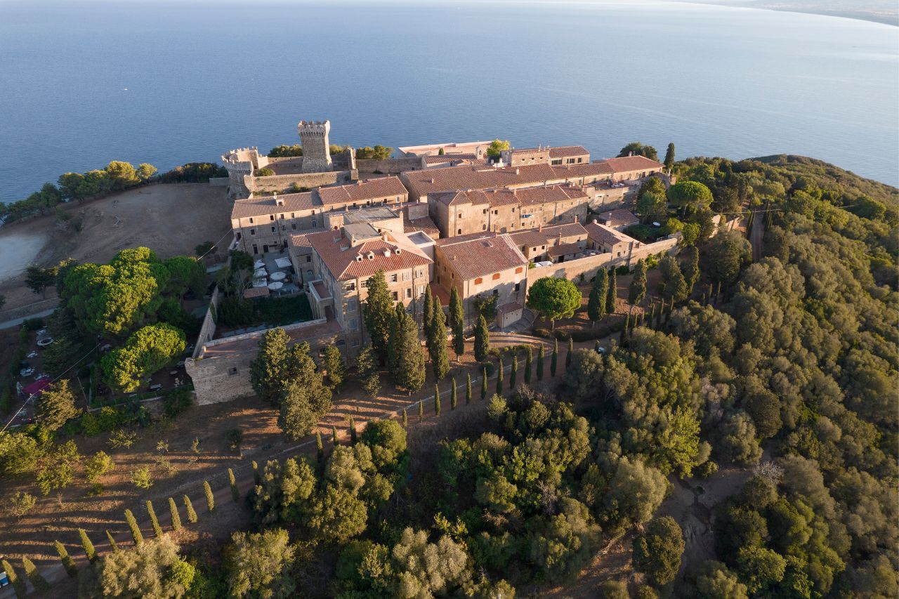 An areal view of Populonia overlooking the sea Etruscan town.