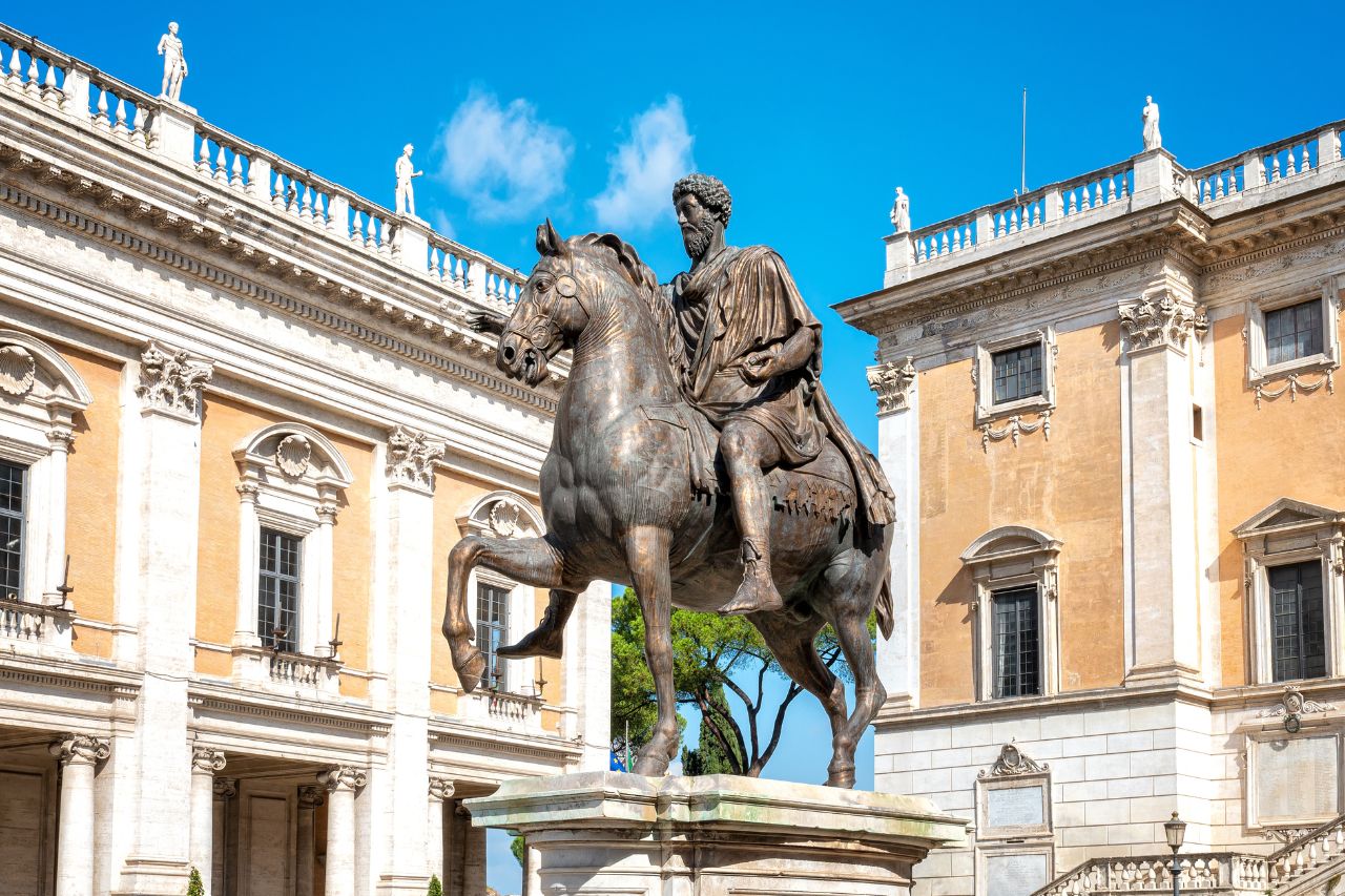 Showing the famous philosopher king on horseback, the statue of Marcus Aurelius