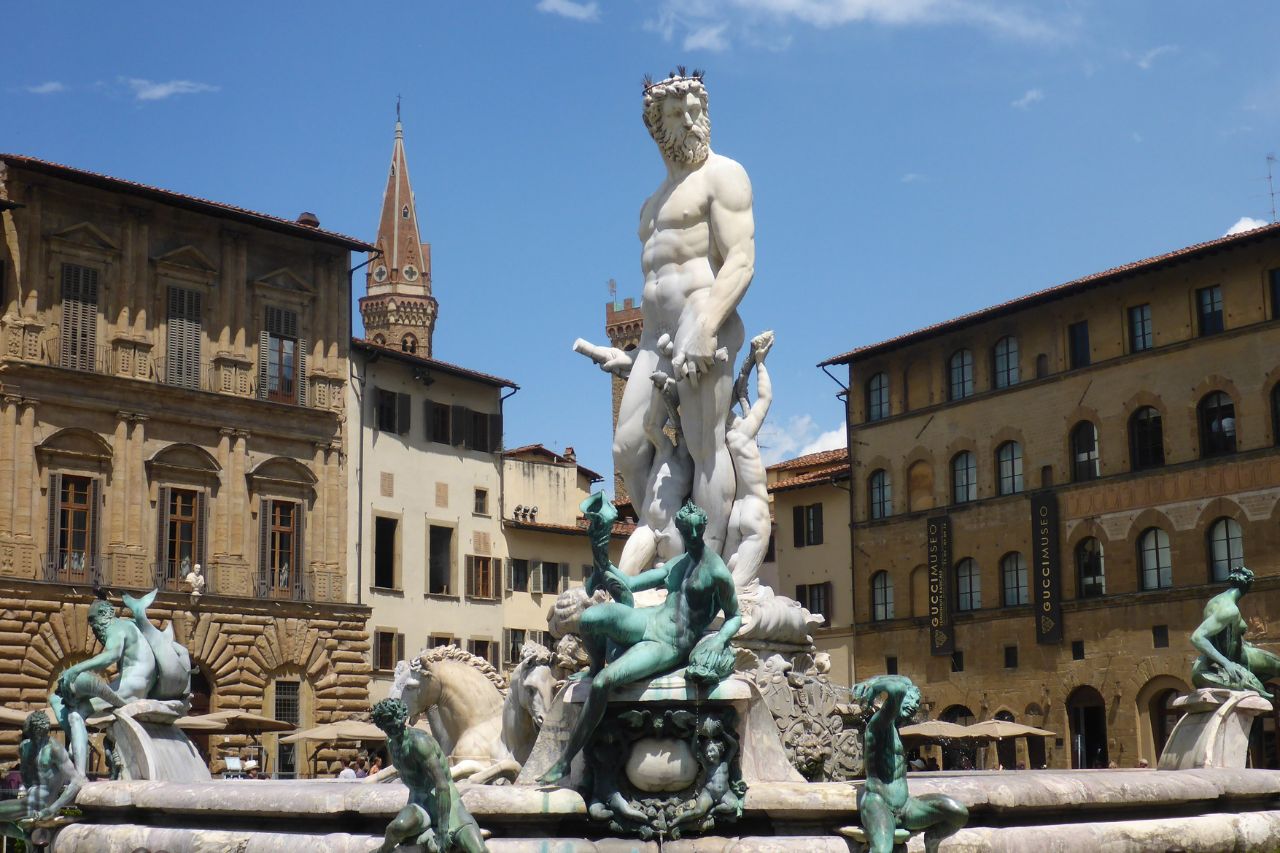 The fountain of Neptune, located in Bologna, Italy