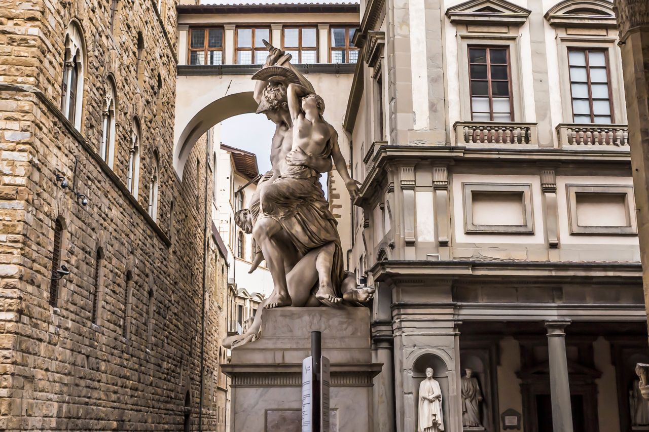 Legendary statue of the rape of the Sabine Women seen in this image.