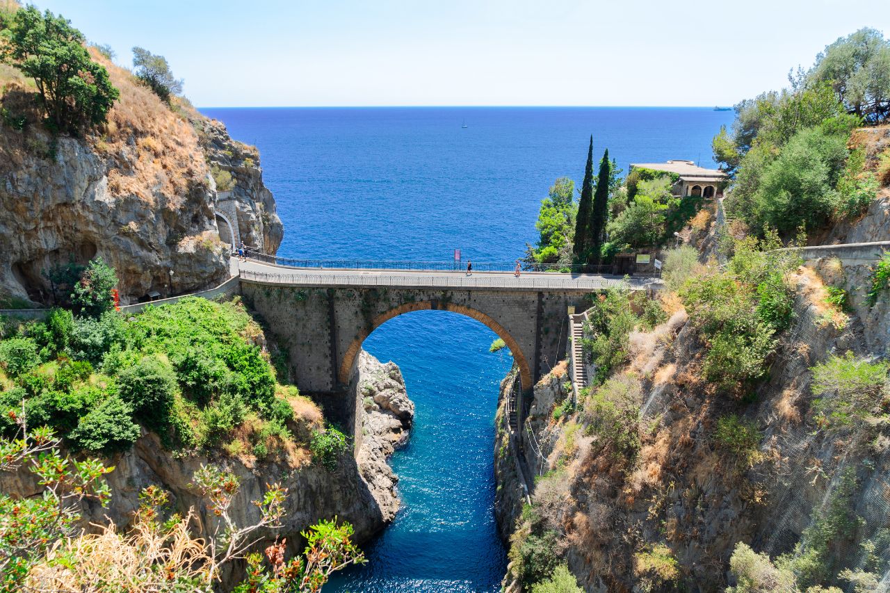 A view of narrow streets and sea of the Amalfi coast