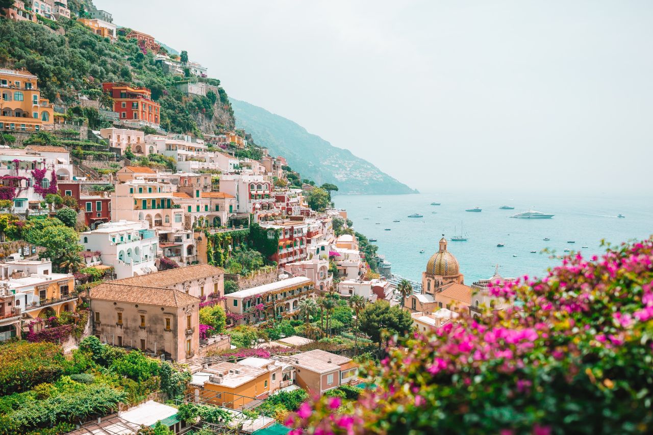 A spring view of Amalfi Coast, with blossoming flowers
