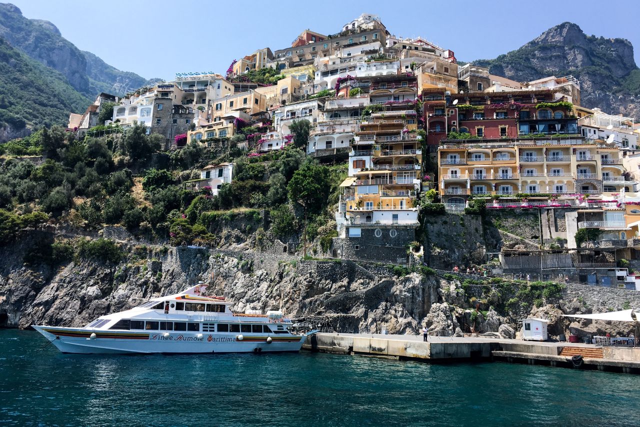 A view of houses from a boat along the Amalfi Coast