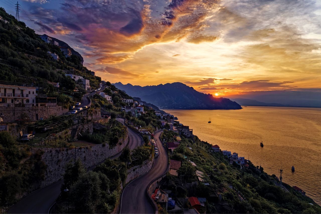 An areal view of Conca dei Marini at dusk  