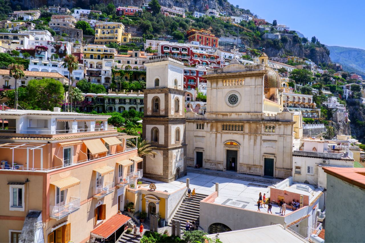 A group of tourists enjoys Positano, located on the Amalfi coast. 