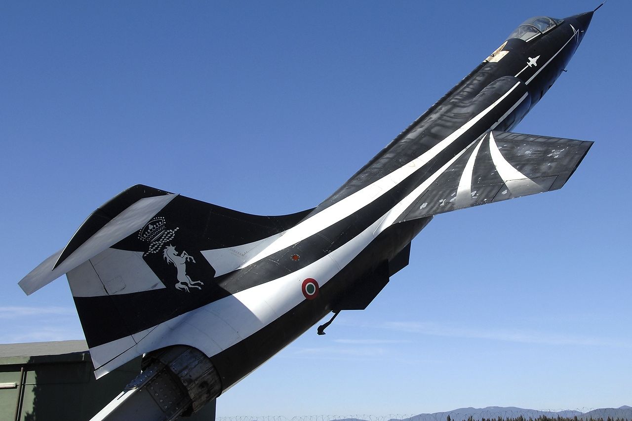 A black and white jet display at the Grosseto airport