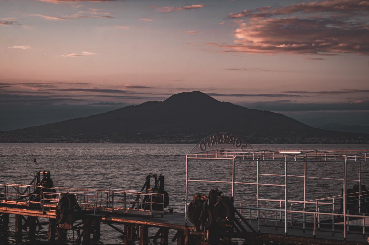 View of the Vesuvius volcano during a sunset cruise