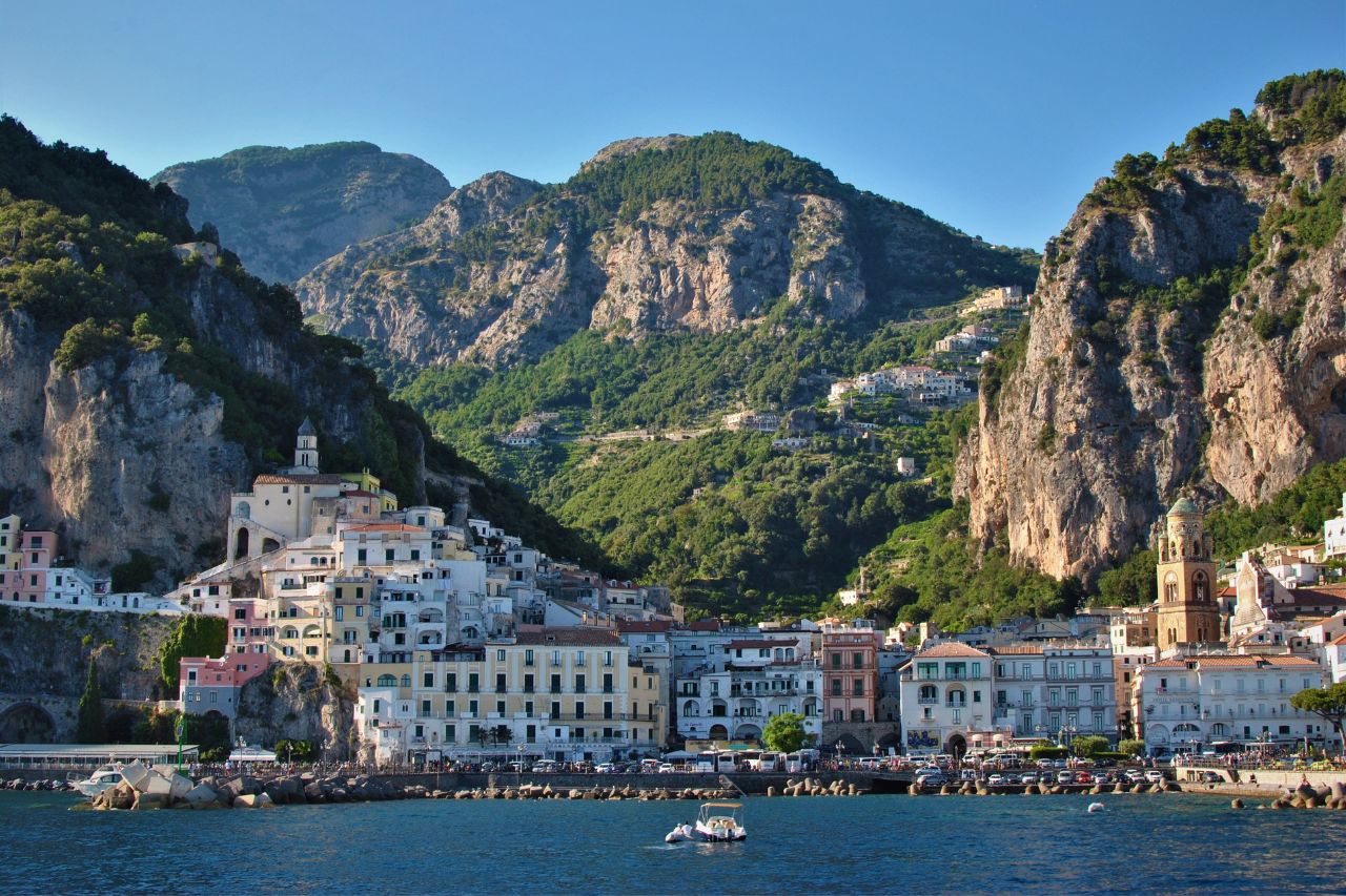 A view of beautiful landscapes and hotels on the Amalfi coast from the boat.