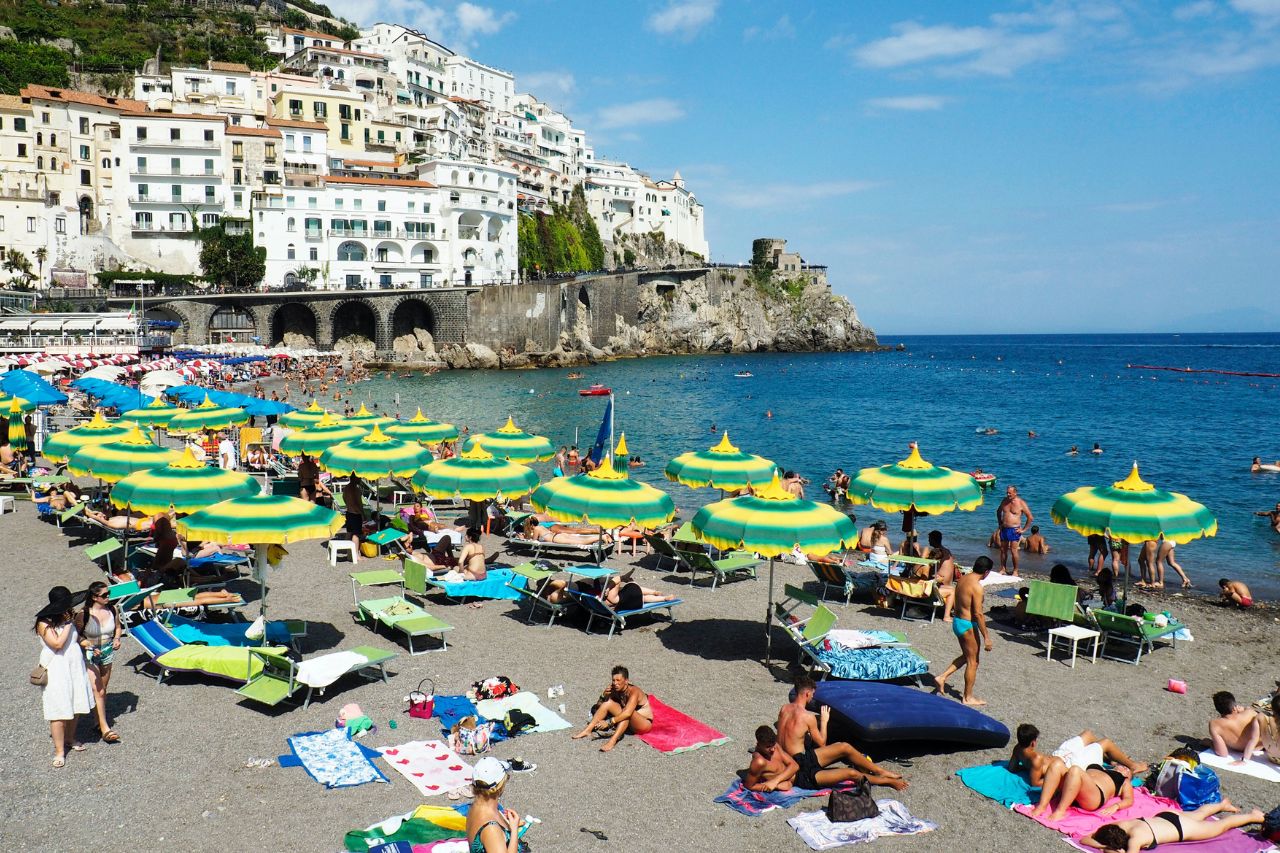 Many tourist at the beach on the Amalfi Coast.