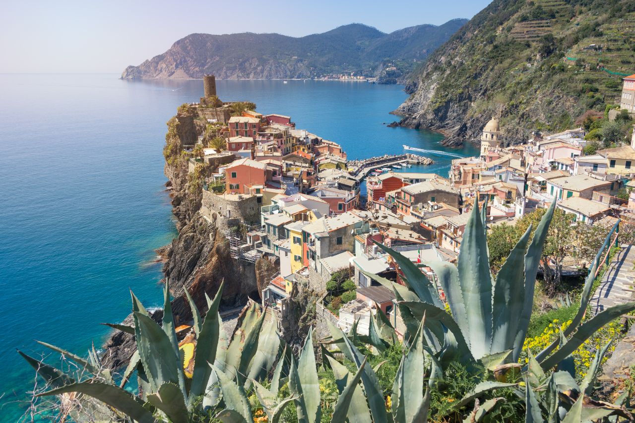 Above view of the beautiful tow n of the Cinque Terre with a colorful houses.