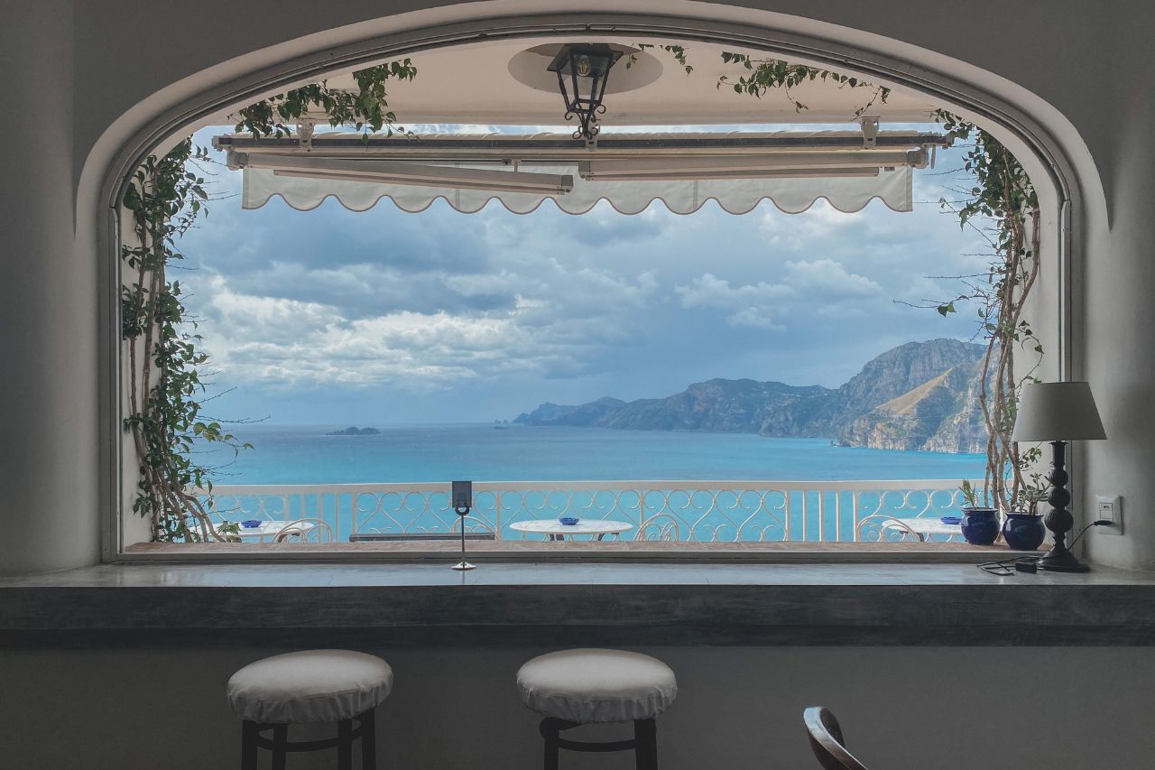 A amazing view of the sea and cliffs from a hotel located in the Tramonti