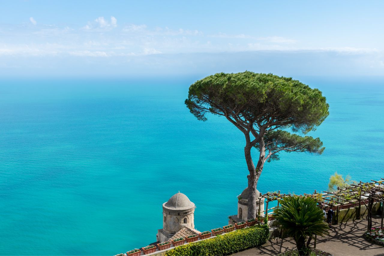 View of the blue sea from the restaurant in Ravello.