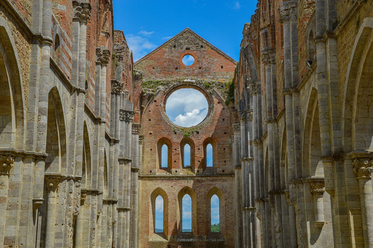 The interior of the abbey of San Galgano, built in medieval times.