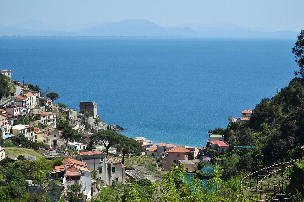 Aerial view of Maoiri, the small town on the Amalfi coast near the sea.