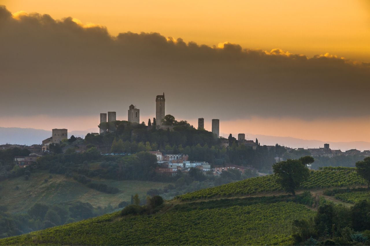 Afternoon view of beautiful landscape with a view of the castle  in San Gimignano, Tuscany