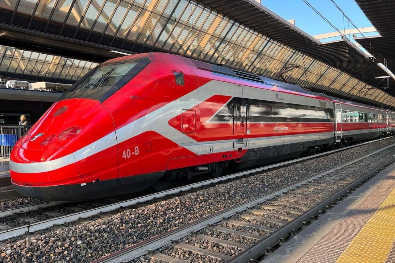 A Trenitalia train has just arrived at the Amalfi Coast station after leaving Tuscany