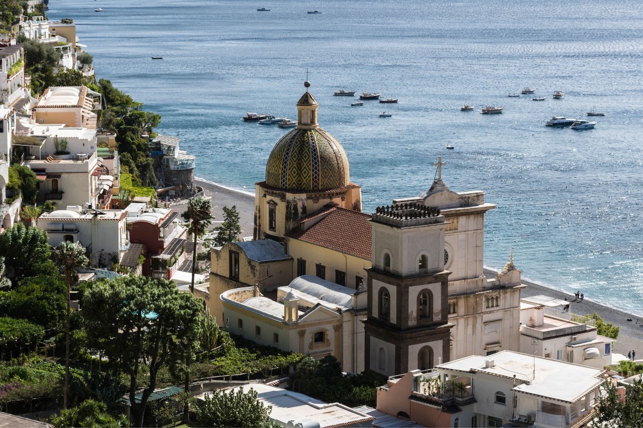 A top view of Santa Maria Assunta with a view of the sea in Positano