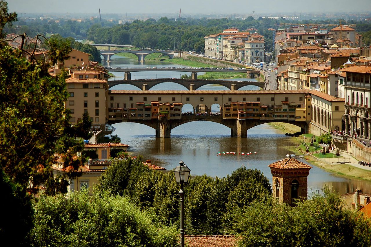 View of the Ponte Vecchio medieval bridge in Florence.