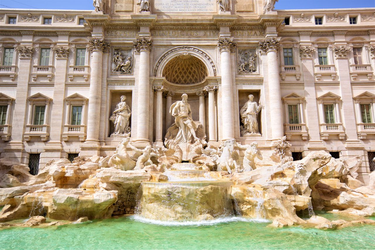 The Trevi Fountain in Rome is a masterpiece of Baroque art, famous for its sculptures and sparkling waters