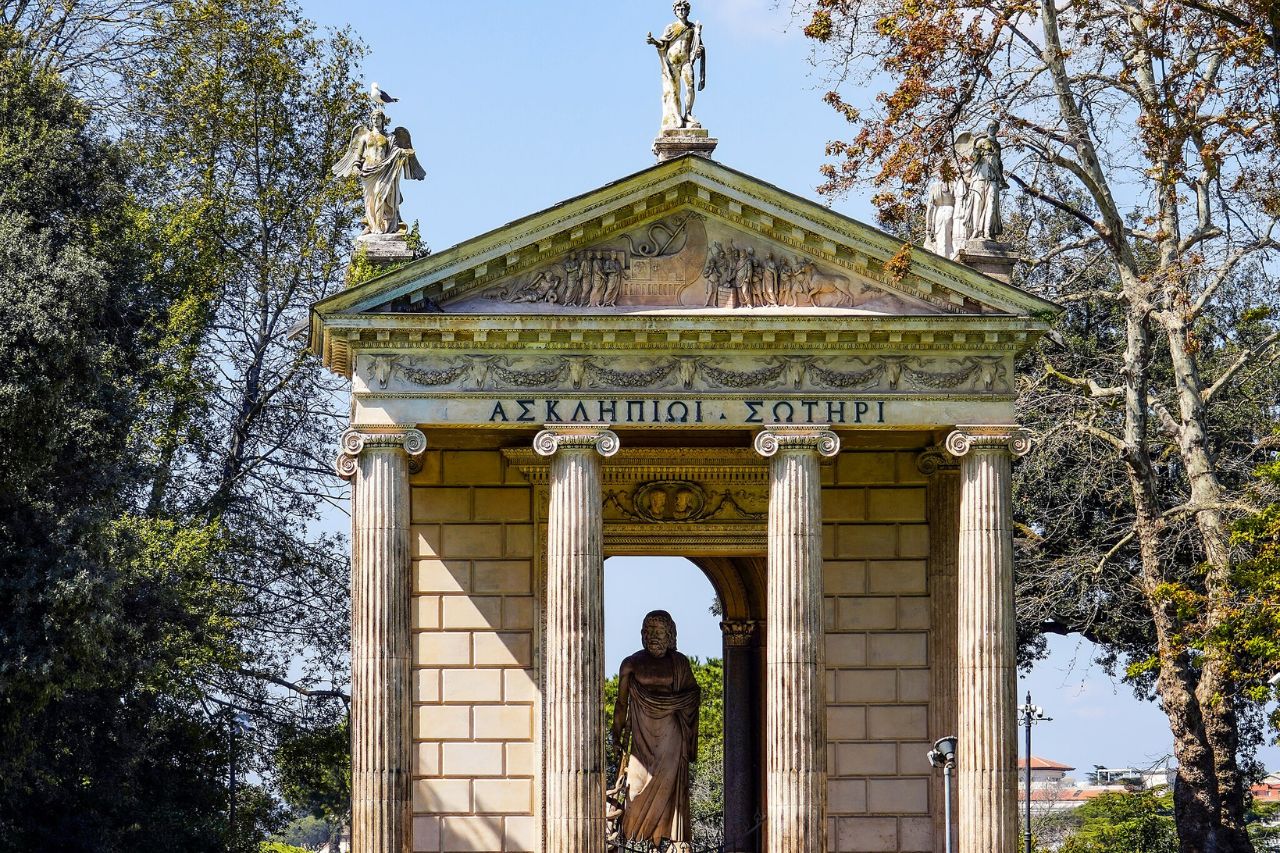 A temple dedicated to Asclepius, the god of healing in Villa Borghese: a beautiful garden in Rome