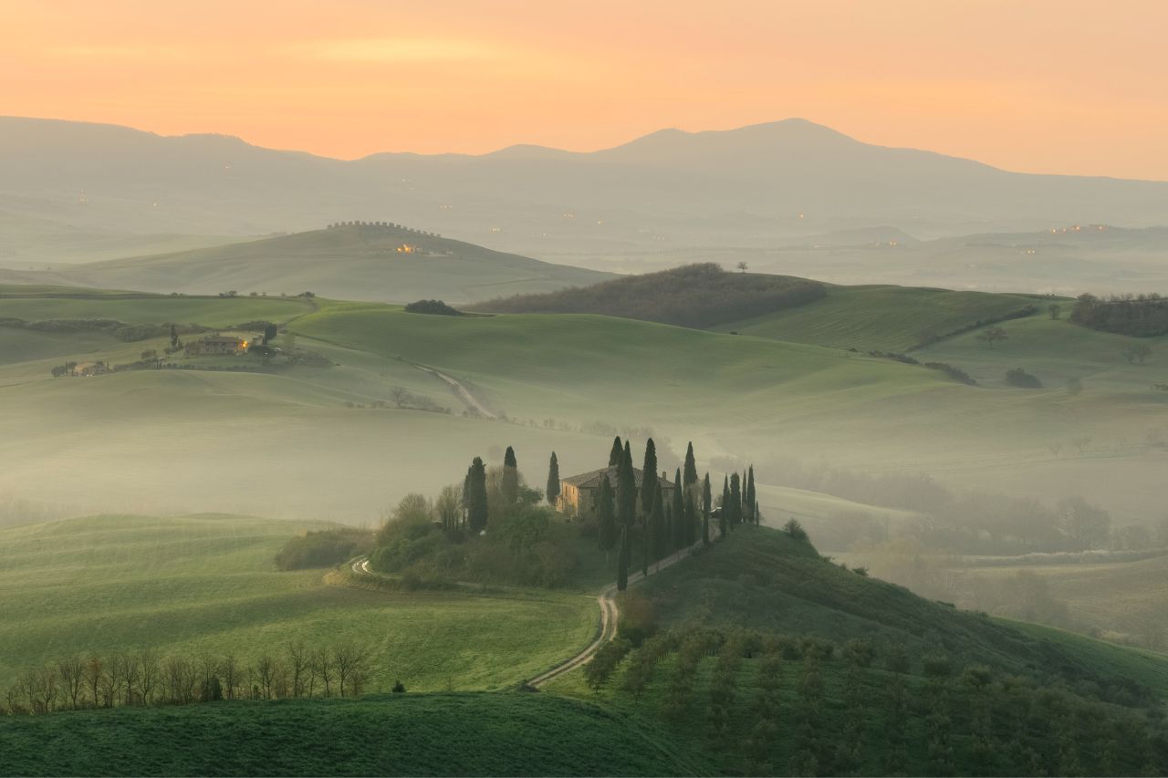 The view from the top of a rolling hill in Tuscany