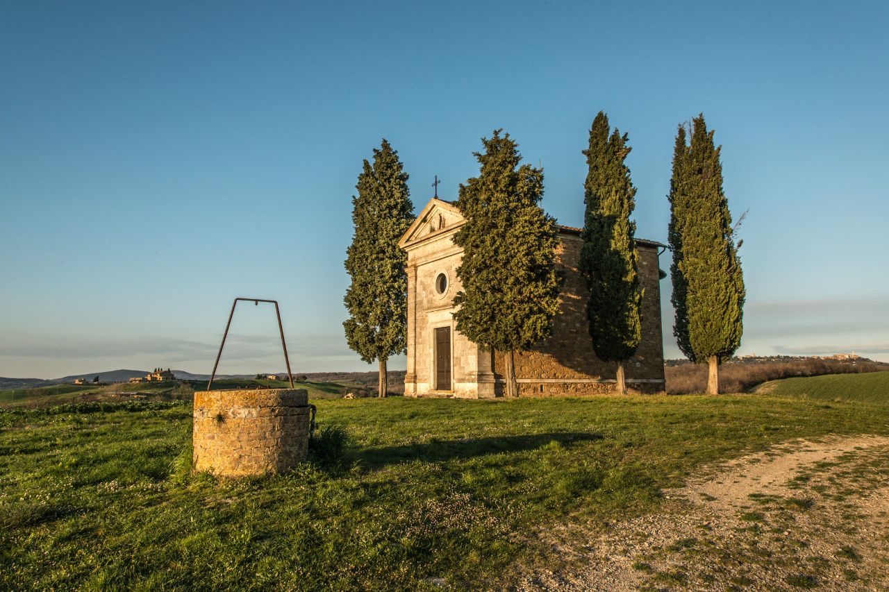 A photo of a Church on a hill in Tuscany, seen in March