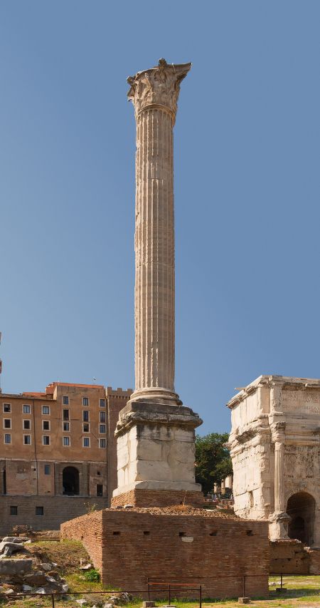 "Column of Phocas - A close-up view of the ancient Roman monument, known as the Column of Phocas, featuring detailed reliefs depicting events from the reign of the Byzantine Emperor Phocas."