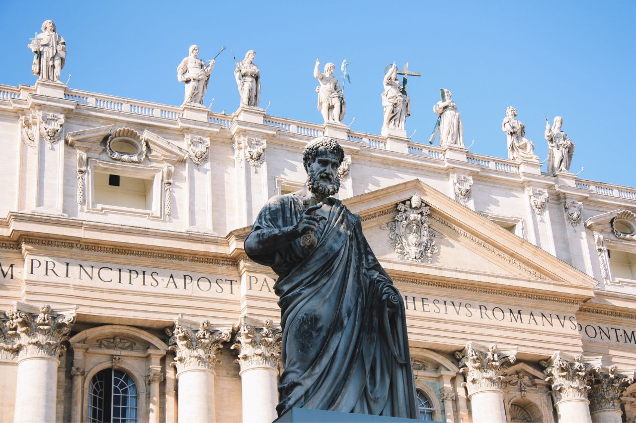 Rome is famous thanks to St. Peter's Square. One of the main statues is shown in the photo