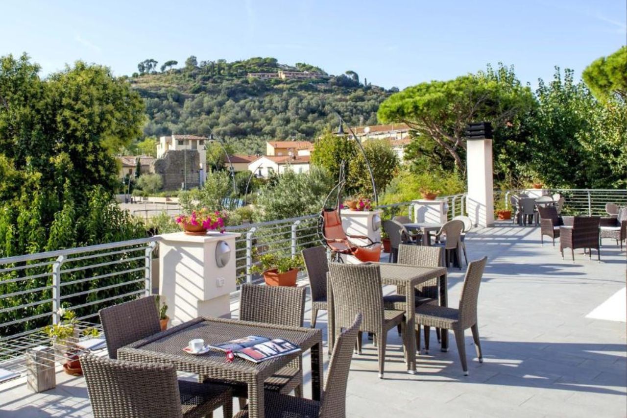 The rooftop terrace of the Hotel Lucerna with beautiful view of the city and mountains
