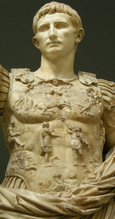Augustus of Prima Porta, an iconic marble statue portraying the first Roman Emperor Augustus, characterized by regal symbolism, detailed armor, and a dignified pose, capturing the essence of ancient Roman artistry and political authority."