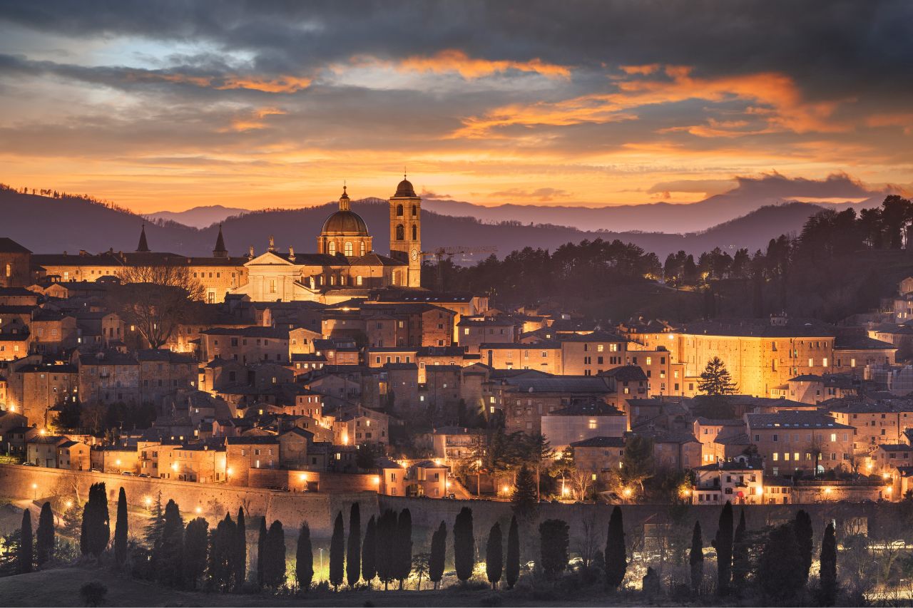 Scenic panorama of Le Marche, Italy, depicting the captivating landscapes and medieval villages.