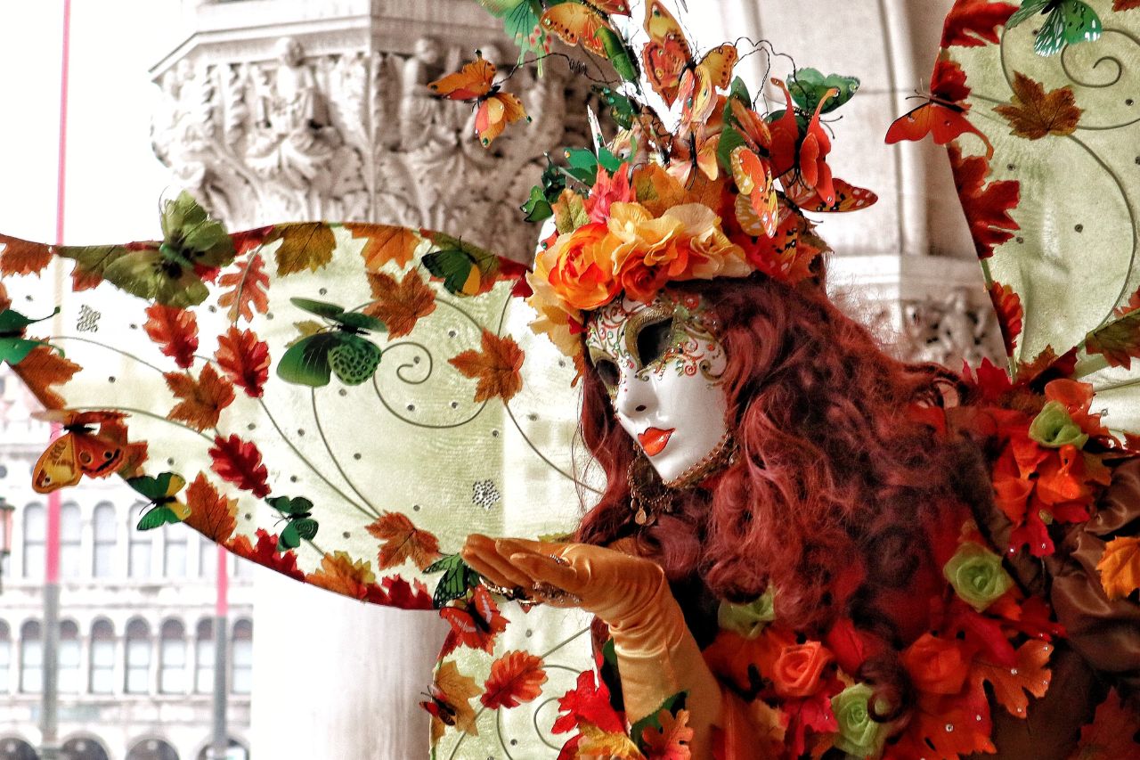 A person dressed up for the Venice Carnival in January, Italy