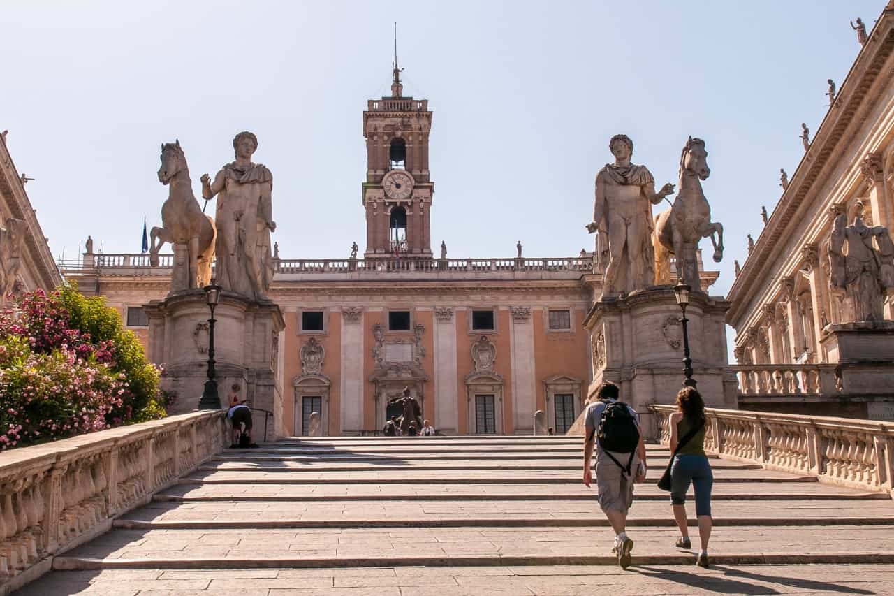 The Cordonata Staircase, an impressive architectural feature leading to Piazza del Campidoglio on Capitoline Hill in Rome, Italy. 