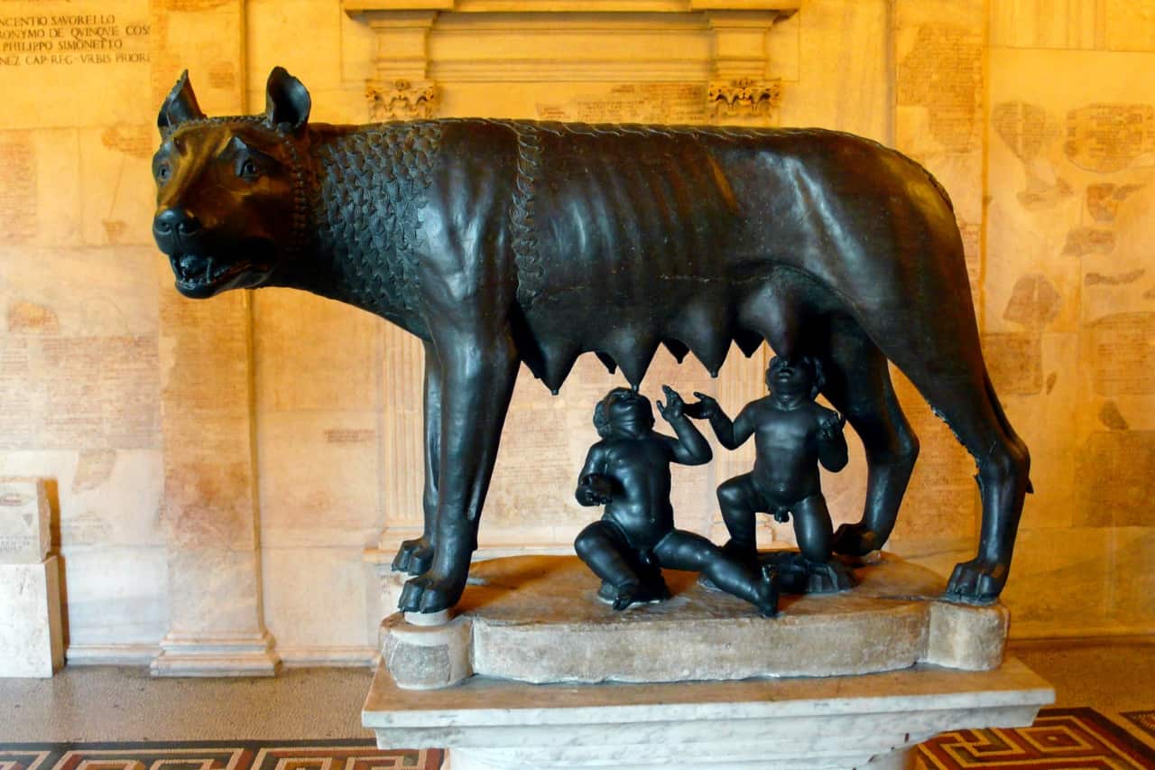 A replica of the Rome She-Wolf statue, a symbol of ancient Roman mythology.
