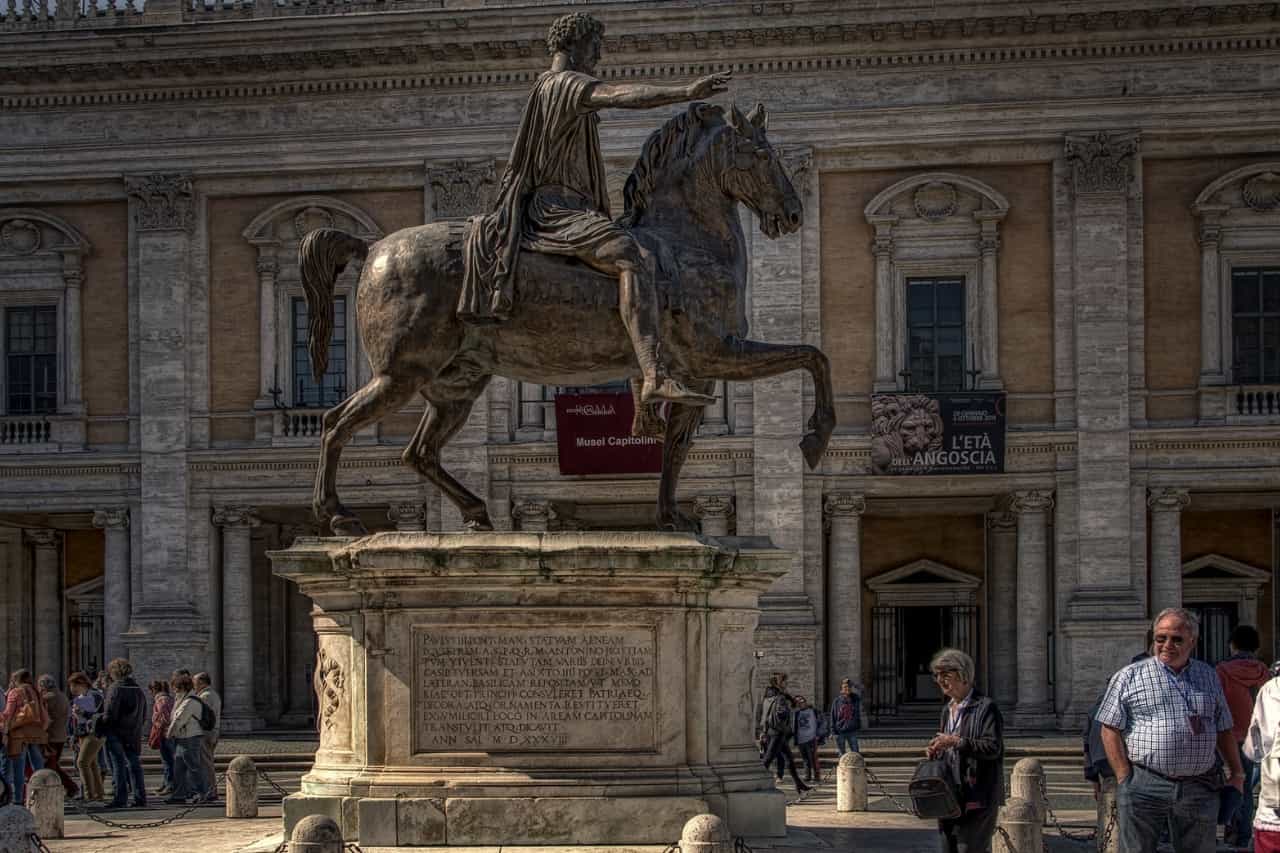 The statue of Emperor Marcus Aurelius, an iconic equestrian sculpture located on Capitoline Hill in Rome, Italy.