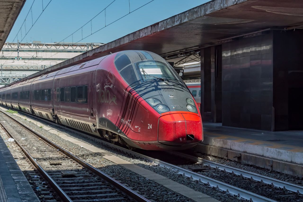 Italo high-speed train at Rome Termini station, showcasing modern rail infrastructure and efficient transportation services