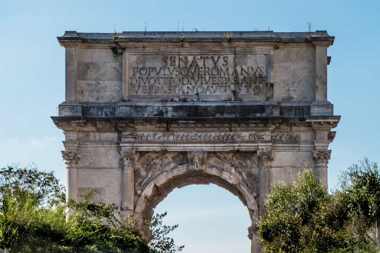 The monument of The Arch of Titus in Rome, Italy. A triumphal arch built to commemorate the victories of Emperor Titus